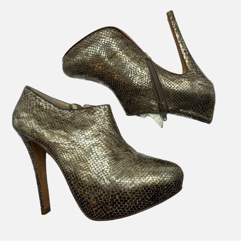 Pour la Victoire gold and bronze metallic snake print leather heeled bootie 7.5